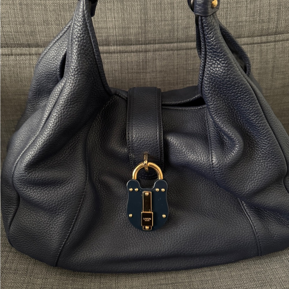 Loewe Blue Hobo Bag with Textured Leather and Gold Hardware